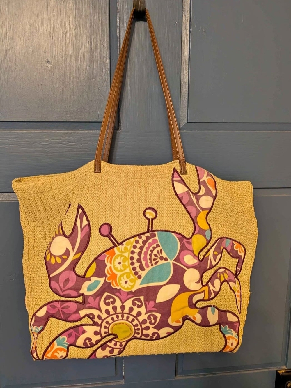 Vera Bradley Seashore Plum Crazy Crab Straw Tote Purse